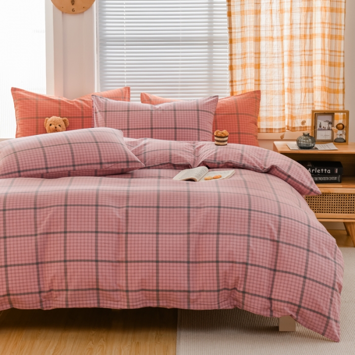 91家纺网 家纺一手货源 找家纺 柠萌家居 2022新款全棉色织水洗棉无印风四件套 瓦尔粉