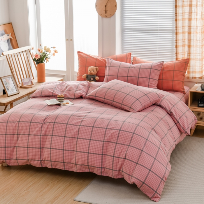 91家纺网 家纺一手货源 找家纺 柠萌家居 2022新款全棉色织水洗棉无印风四件套 瓦尔粉