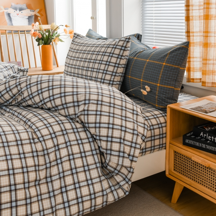 91家纺网 家纺一手货源 找家纺 柠萌家居 2022新款全棉色织水洗棉无印风四件套 里约蓝