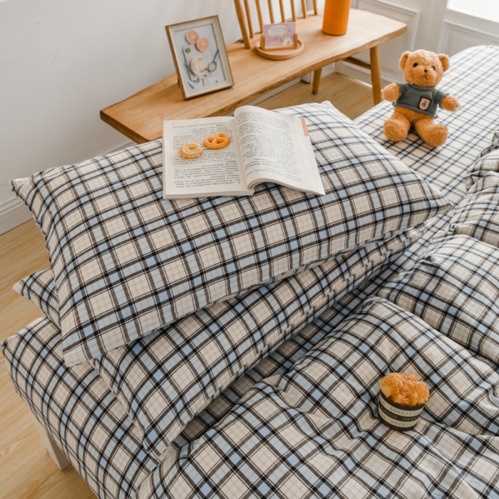 91家纺网 家纺一手货源 找家纺 柠萌家居 2022新款全棉色织水洗棉无印风四件套 里约蓝