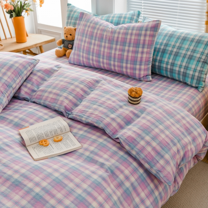 91家纺网 家纺一手货源 找家纺 柠萌家居 2022新款全棉色织水洗棉无印风四件套 简爱紫格