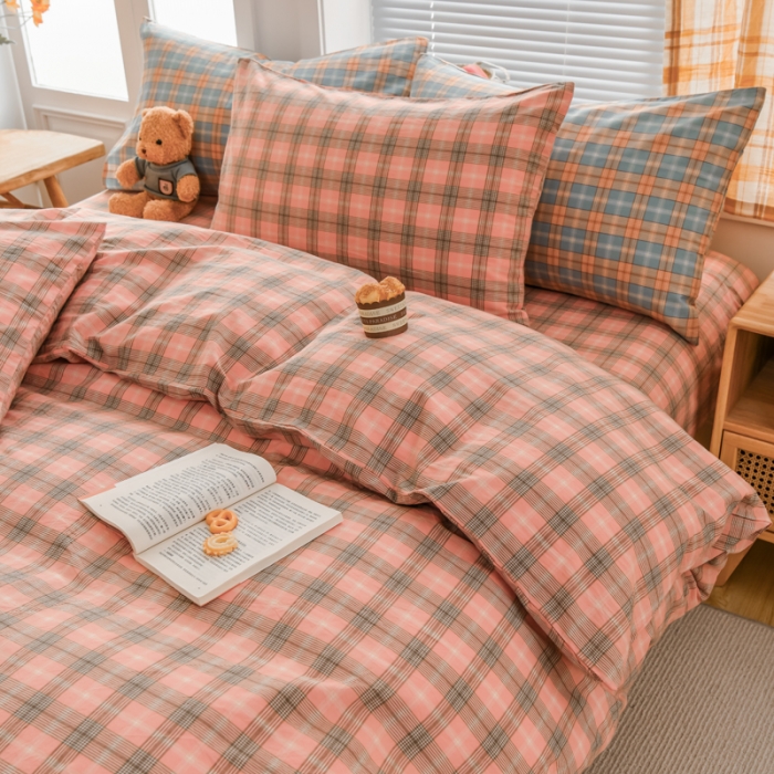 91家纺网 家纺一手货源 找家纺 柠萌家居 2022新款全棉色织水洗棉无印风四件套 芳华粉