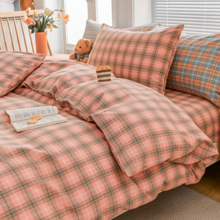 91家纺网 家纺一手货源 找家纺 柠萌家居 2022新款全棉色织水洗棉无印风四件套 芳华粉