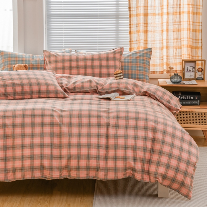 91家纺网 家纺一手货源 找家纺 柠萌家居 2022新款全棉色织水洗棉无印风四件套 芳华粉