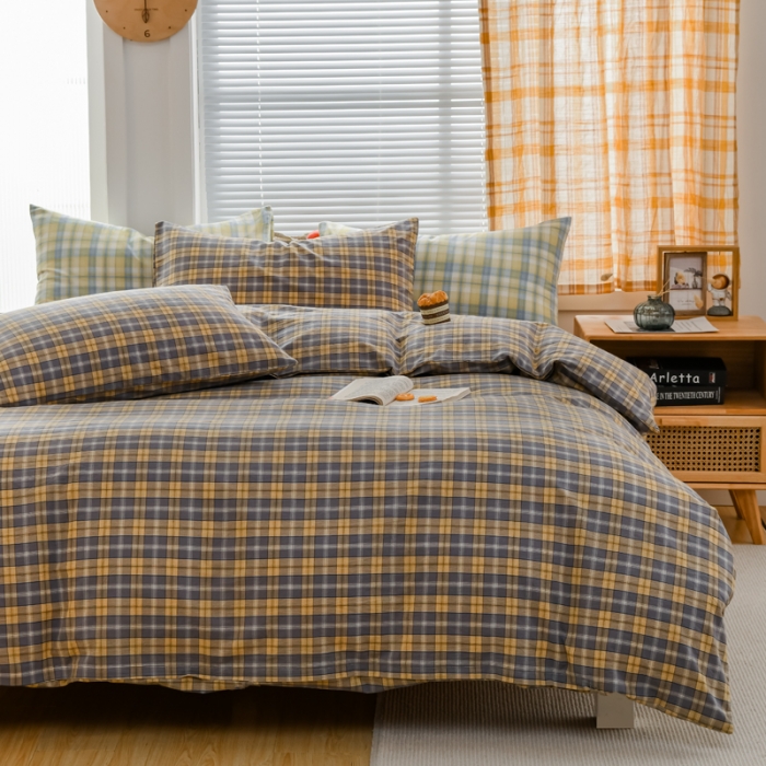 91家纺网 家纺一手货源 找家纺 柠萌家居 2022新款全棉色织水洗棉无印风四件套 芳华灰