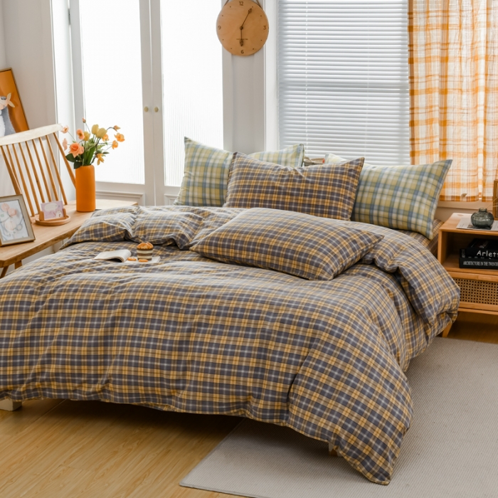 91家纺网 家纺一手货源 找家纺 柠萌家居 2022新款全棉色织水洗棉无印风四件套 芳华灰