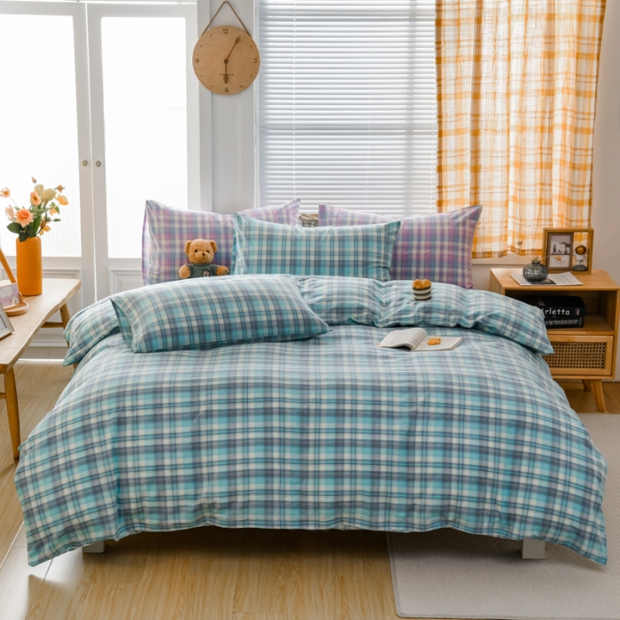 91家纺网 家纺一手货源 找家纺 柠萌家居 2022新款全棉色织水洗棉无印风四件套 简爱绿格