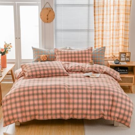 91家纺网 家纺一手货源 找家纺 柠萌家居 2022新款全棉色织水洗棉无印风四件套 芳华粉