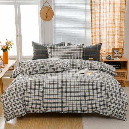 91家纺网 家纺一手货源 找家纺 柠萌家居 2022新款全棉色织水洗棉无印风四件套 里约蓝