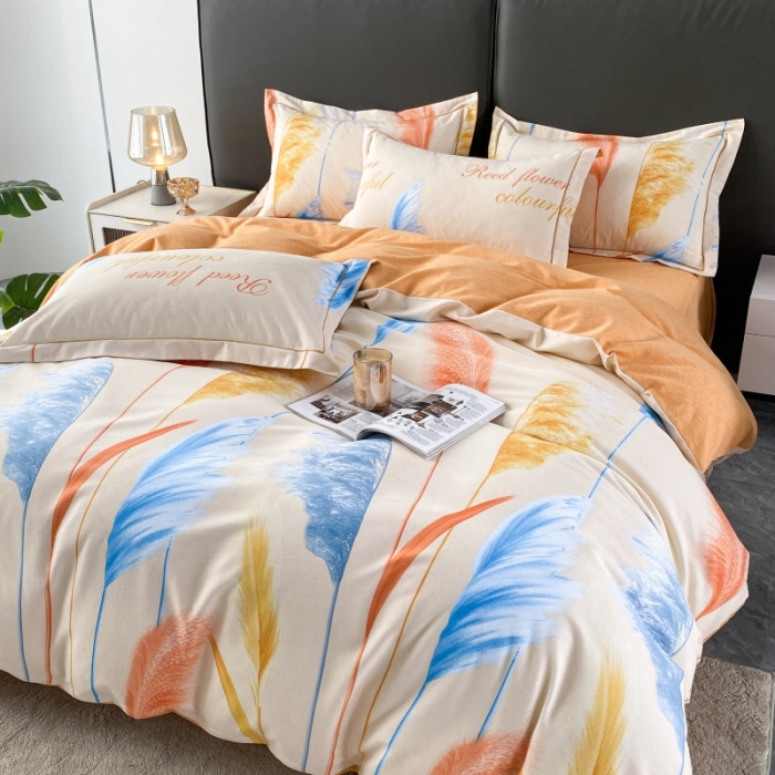 91家纺网 家纺一手货源 找家纺 棉生活  2022新款铂金全棉磨毛系列AB版设计）幸运草 桔