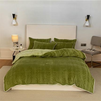 91家纺网 家纺一手货源 找家纺 棉眠 2022新款全消光立体雕花牛奶绒嵌绳款四件套 椿绣花绿