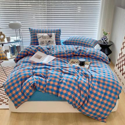 91家纺网 家纺一手货源 找家纺 （总）价格下调三沁直播爆AAB版款纯棉全棉色织水洗棉简约格子式四件套（床单直角）