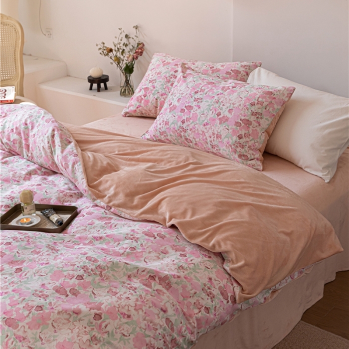 91家纺网 家纺一手货源 找家纺 棉眠 2022新款AB版棉加绒四件套 和风粉棉加绒