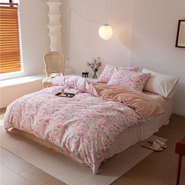 91家纺网 家纺一手货源 找家纺 棉眠 2022新款AB版棉加绒四件套 和风粉棉加绒