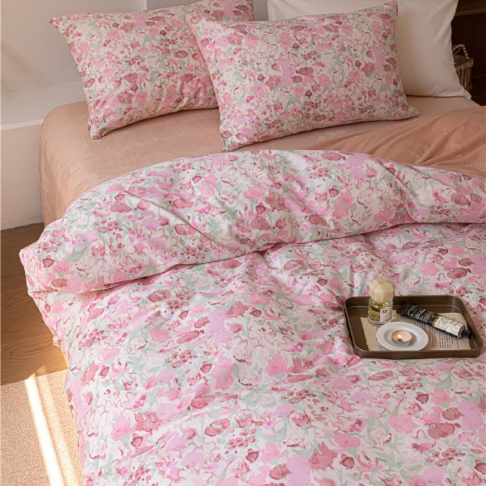 91家纺网 家纺一手货源 找家纺 棉眠 2022新款AB版棉加绒四件套 和风粉棉加绒