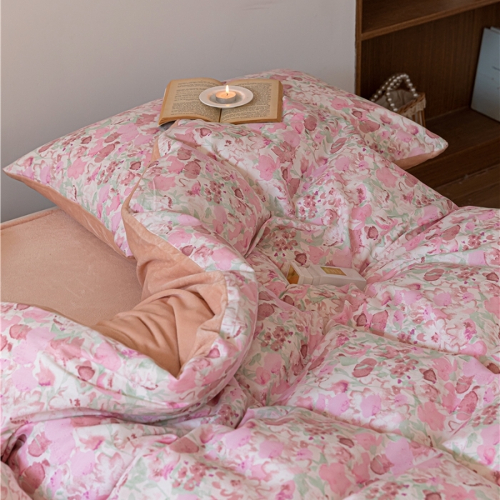 91家纺网 家纺一手货源 找家纺 棉眠 2022新款AB版棉加绒四件套 和风粉棉加绒