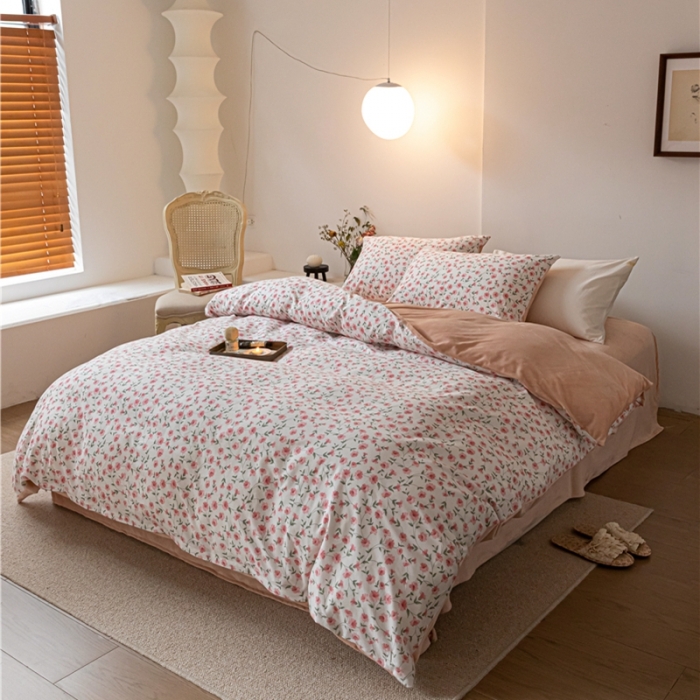 91家纺网 家纺一手货源 找家纺 棉眠 2022新款AB版棉加绒四件套 樱花雨棉加绒