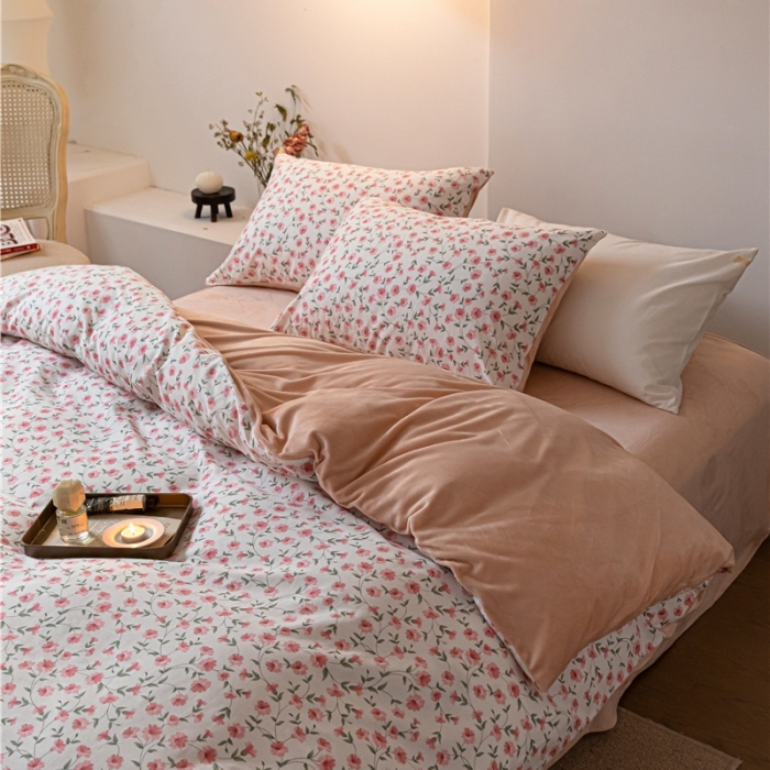 91家纺网 家纺一手货源 找家纺 棉眠 2022新款AB版棉加绒四件套 樱花雨棉加绒