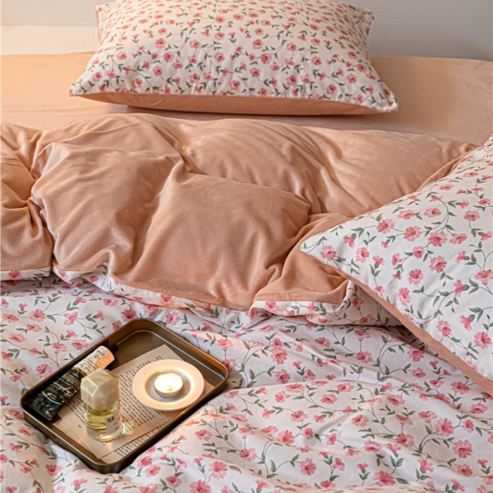 91家纺网 家纺一手货源 找家纺 棉眠 2022新款AB版棉加绒四件套 樱花雨棉加绒