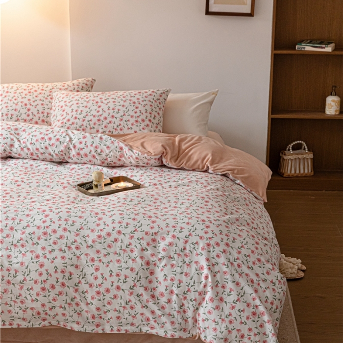 91家纺网 家纺一手货源 找家纺 棉眠 2022新款AB版棉加绒四件套 樱花雨棉加绒