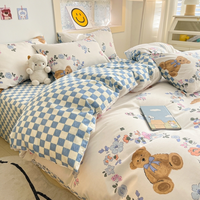 91家纺网 家纺一手货源 找家纺 金丝鸟 2022秋冬新品全棉四件套 花环熊