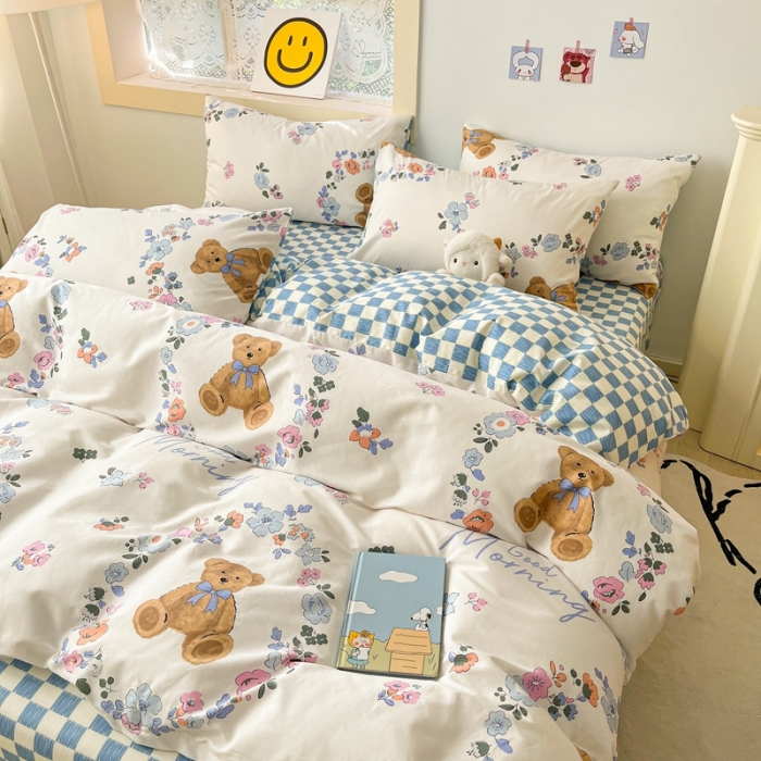 91家纺网 家纺一手货源 找家纺 金丝鸟 2022秋冬新品全棉四件套 花环熊