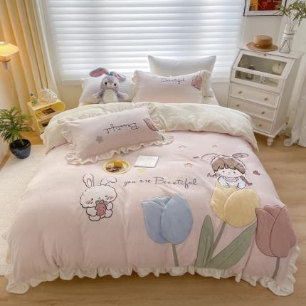 柠馨 2022新款230g牛奶绒贴布绣花可爱卡通四件套小甜心