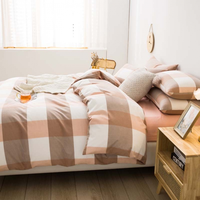 91家纺网 家纺一手货源 找家纺 柠萌家居 2022新款A类全棉色织水洗棉单被套 蜜粉小格