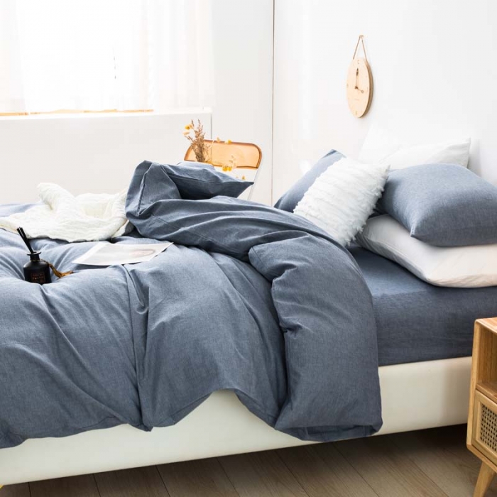 91家纺网 家纺一手货源 找家纺 柠萌家居 2022新款A类全棉色织水洗棉单被套 牛仔蓝