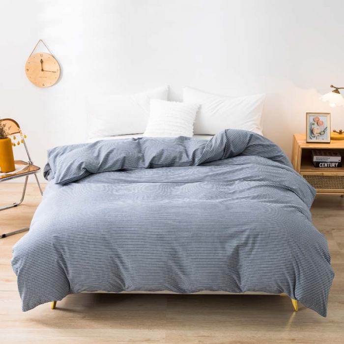 91家纺网 家纺一手货源 找家纺 柠萌家居 2022新款A类全棉色织水洗棉单被套 牛仔蓝细条