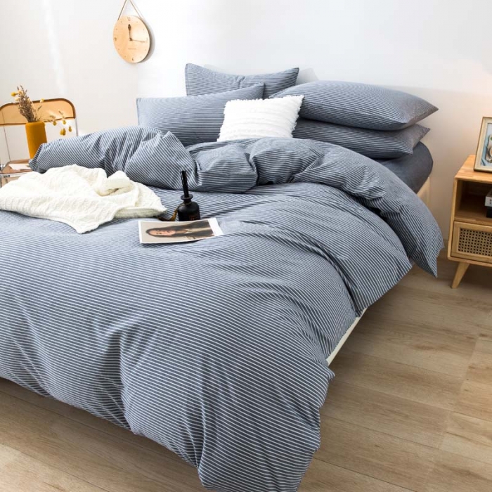 91家纺网 家纺一手货源 找家纺 柠萌家居 2022新款A类全棉色织水洗棉单被套 牛仔蓝细条