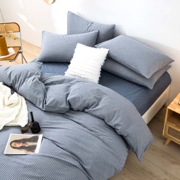 91家纺网 家纺一手货源 找家纺 柠萌家居 2022新款A类全棉色织水洗棉单被套 牛仔蓝细条