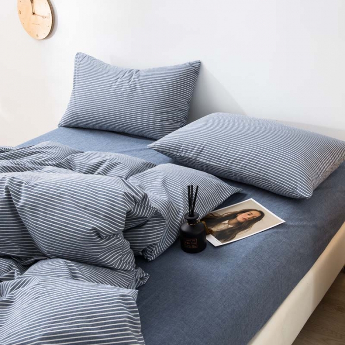 91家纺网 家纺一手货源 找家纺 柠萌家居 2022新款A类全棉色织水洗棉单被套 牛仔蓝细条