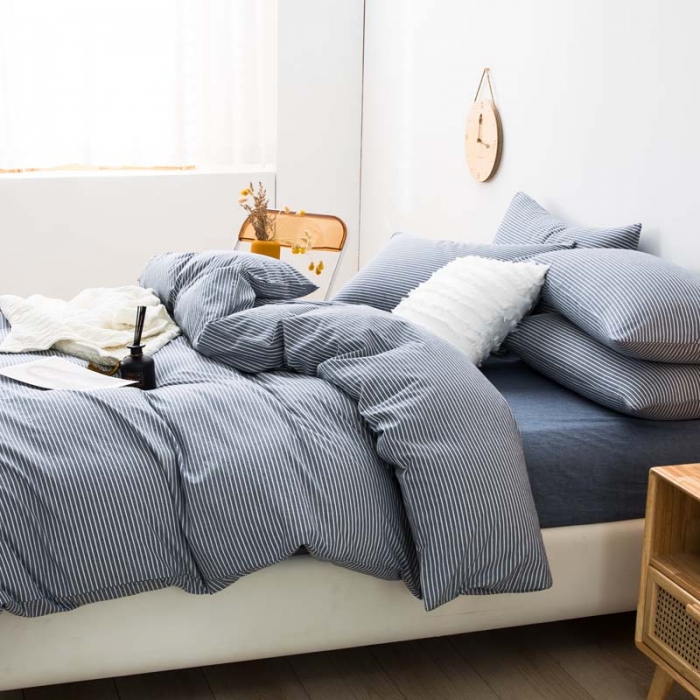 91家纺网 家纺一手货源 找家纺 柠萌家居 2022新款A类全棉色织水洗棉单被套 牛仔蓝细条