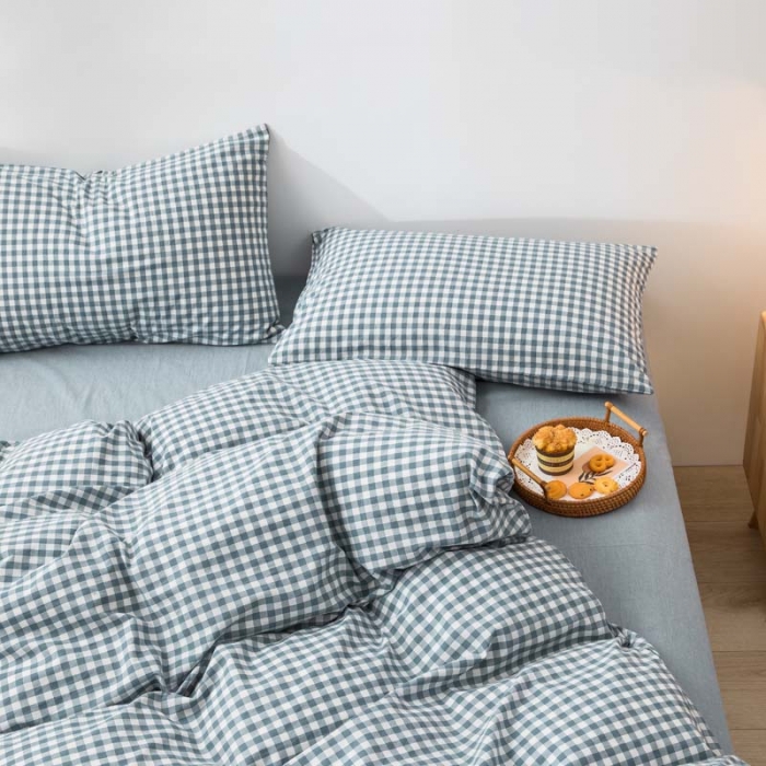 91家纺网 家纺一手货源 找家纺 柠萌家居 2022新款A类全棉色织水洗棉单被套 浅蓝小格