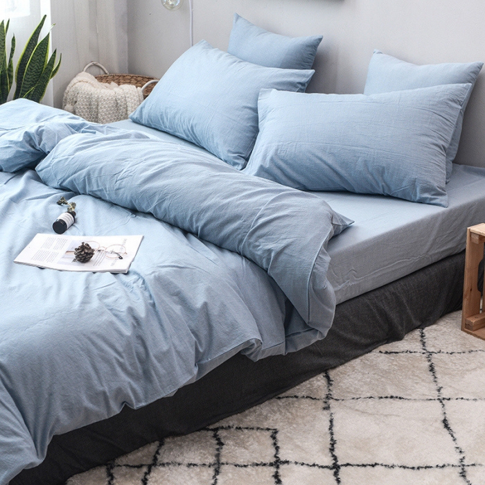 91家纺网 家纺一手货源 找家纺 柠萌家居 2022新款A类全棉色织水洗棉单被套 浅水蓝