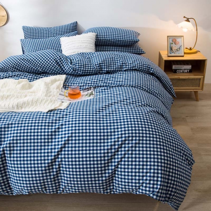 91家纺网 家纺一手货源 找家纺 柠萌家居 2022新款A类全棉色织水洗棉单被套 深蓝小格