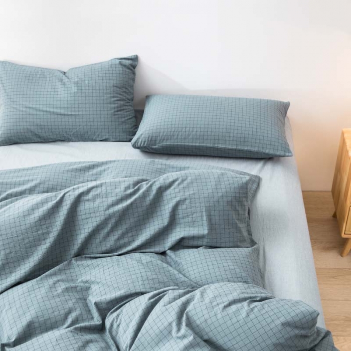 91家纺网 家纺一手货源 找家纺 柠萌家居 2022新款A类全棉色织水洗棉单被套 雾蓝小格