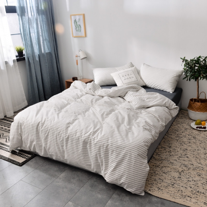 91家纺网 家纺一手货源 找家纺 柠萌家居 2022新款A类全棉色织水洗棉单被套 细条纹-白色