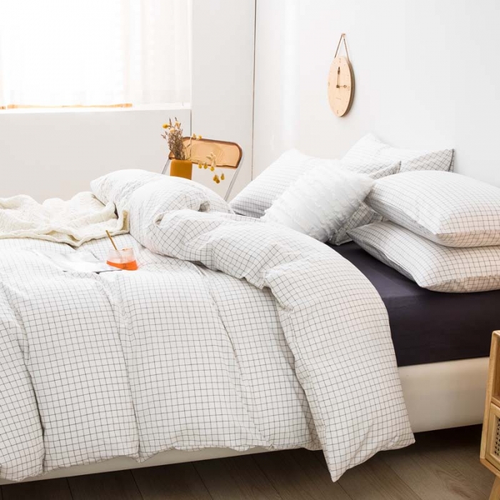 91家纺网 家纺一手货源 找家纺 柠萌家居 2022新款A类全棉色织水洗棉单被套 小白格