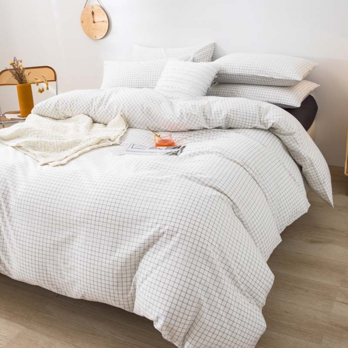 91家纺网 家纺一手货源 找家纺 柠萌家居 2022新款A类全棉色织水洗棉单被套 小白格