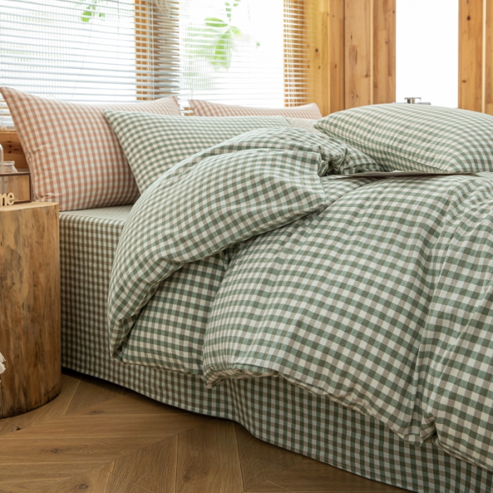 91家纺网 家纺一手货源 找家纺 柠萌家居 2022新款A类全棉色织水洗棉单被套 小绿格