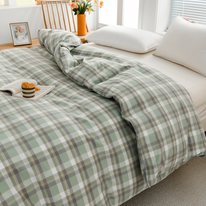 91家纺网 家纺一手货源 找家纺 柠萌家居 2022新款A类全棉色织水洗棉单被套 遇见绿格