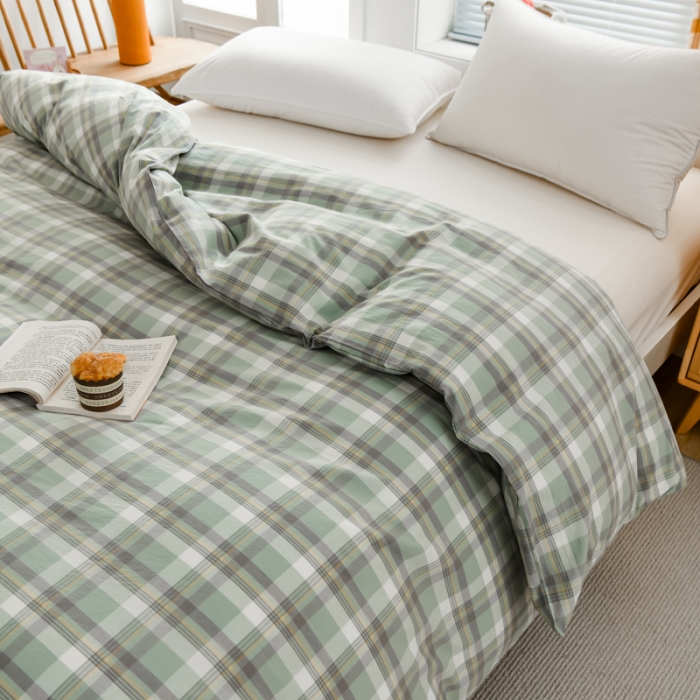 91家纺网 家纺一手货源 找家纺 柠萌家居 2022新款A类全棉色织水洗棉单被套 遇见绿格