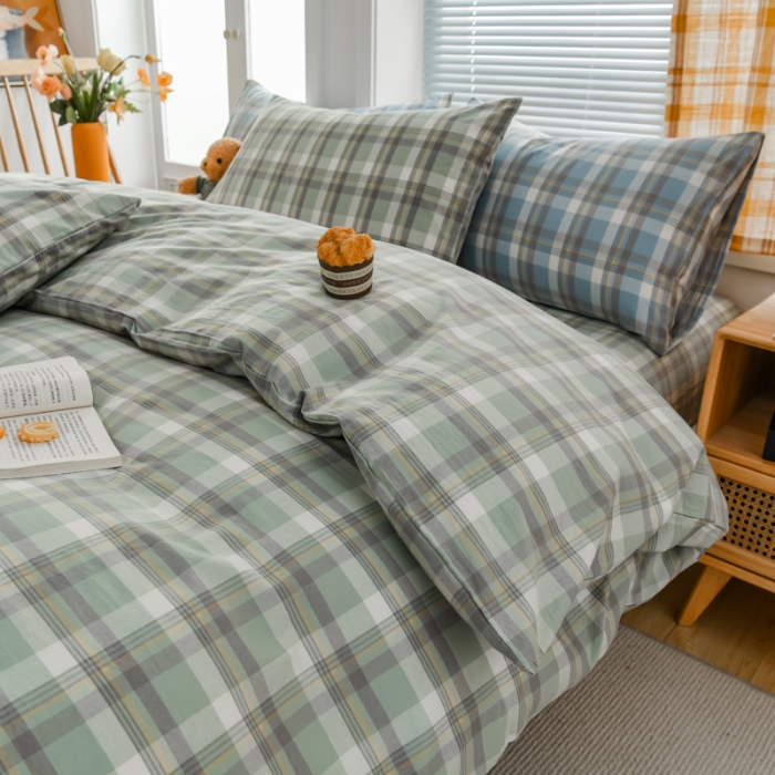 91家纺网 家纺一手货源 找家纺 柠萌家居 2022新款A类全棉色织水洗棉单被套 遇见绿格