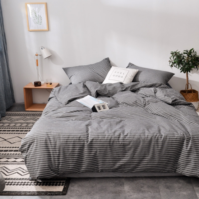 91家纺网 家纺一手货源 找家纺 柠萌家居 2022新款A类全棉色织水洗棉单被套 中条纹-深灰色