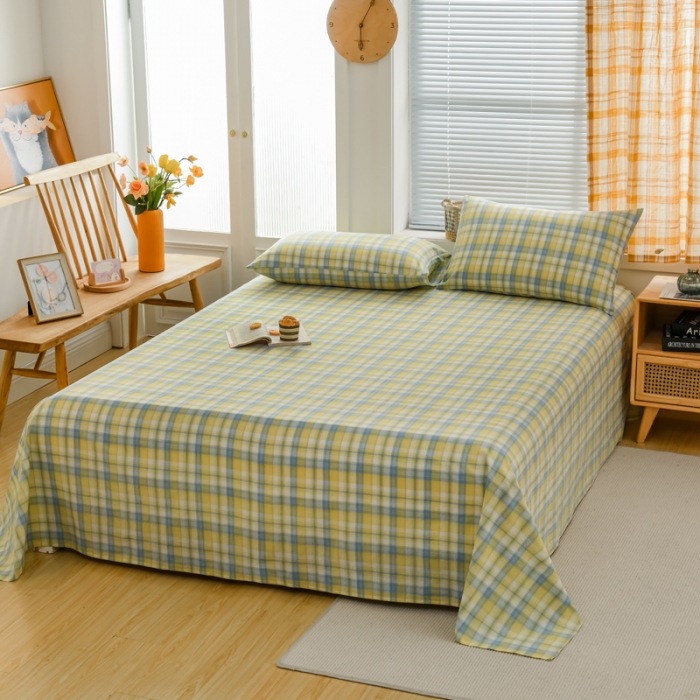 91家纺网 家纺一手货源 找家纺 柠萌家居 2022新款A类全棉色织水洗棉单床单 简爱黄格