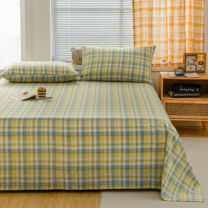 91家纺网 家纺一手货源 找家纺 柠萌家居 2022新款A类全棉色织水洗棉单床单 简爱黄格