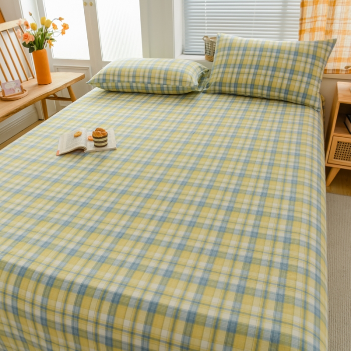 91家纺网 家纺一手货源 找家纺 柠萌家居 2022新款A类全棉色织水洗棉单床单 简爱黄格