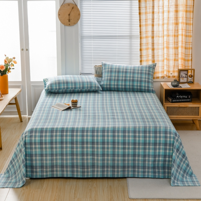 91家纺网 家纺一手货源 找家纺 柠萌家居 2022新款A类全棉色织水洗棉单床单 简爱绿格